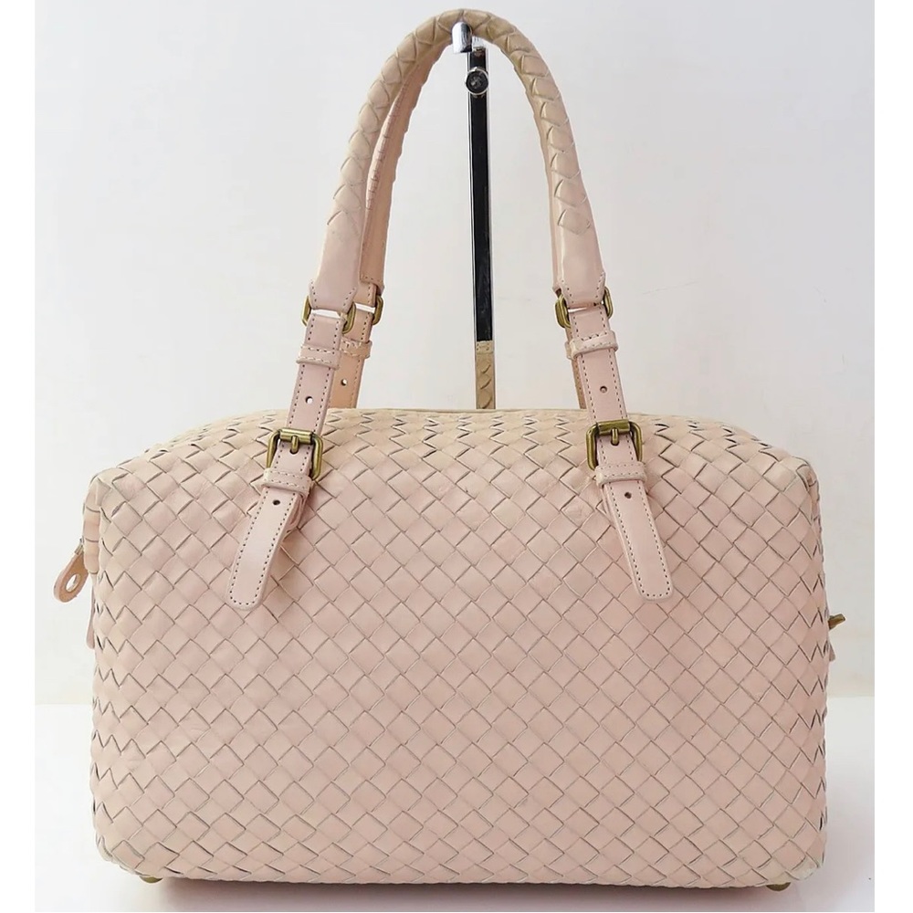 SOLD BOTTEGA VENETA Pink Woven Leather Boston Tote Shoulder Bag Purse With Key - Picture 2 of 13